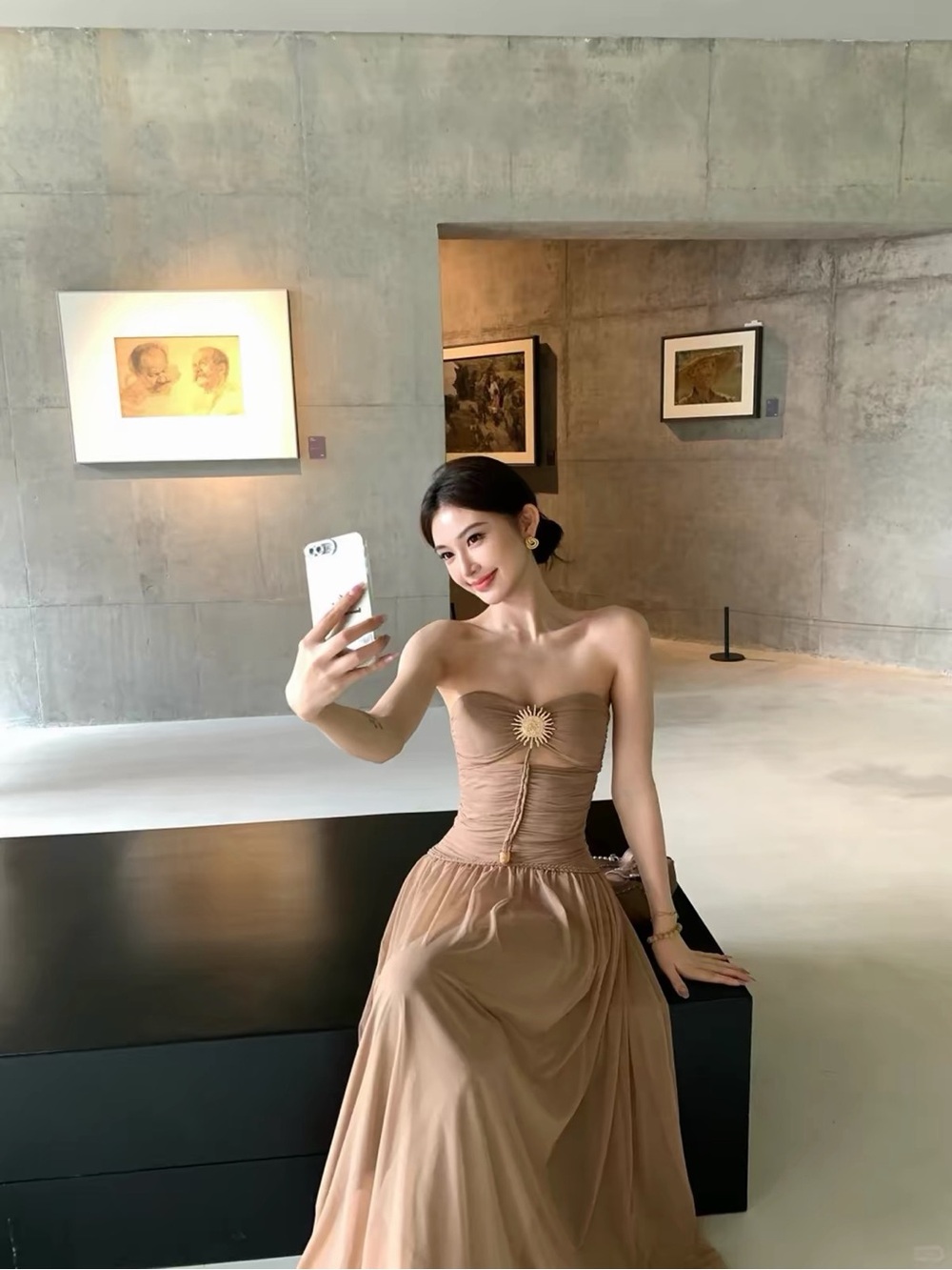 Strapless Taupe Evening Gown with Sunburst Accent